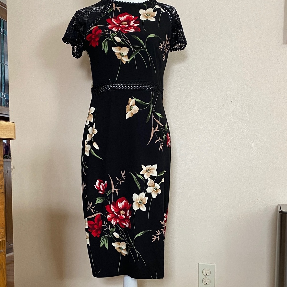 Premier Amour Black Midi Dress with Red and White Floral Design